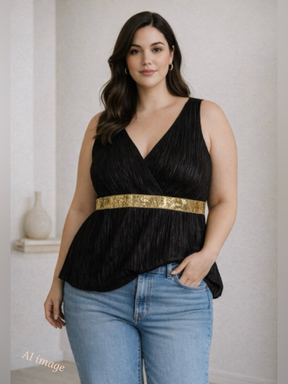 Vintage 90s Black Crinkle Pleated Tank Gold Sequin Waist 2X USA Quiet Luxury